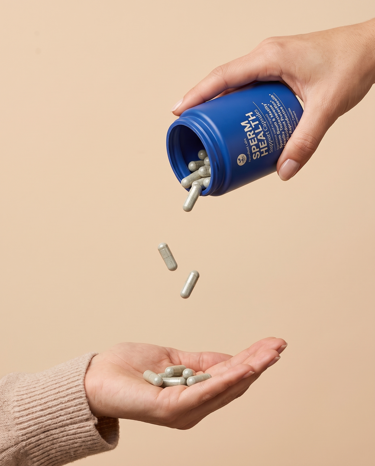 Sperm Health Support capsules pouring from the bottle