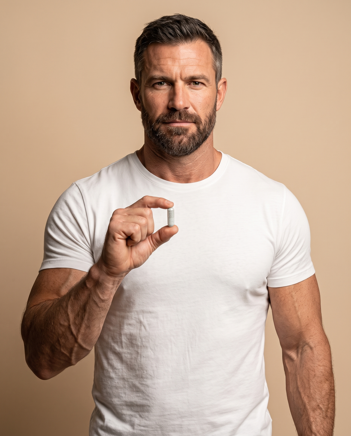 Athletic man in a white t-shirt holding a Sperm Health Support capsule